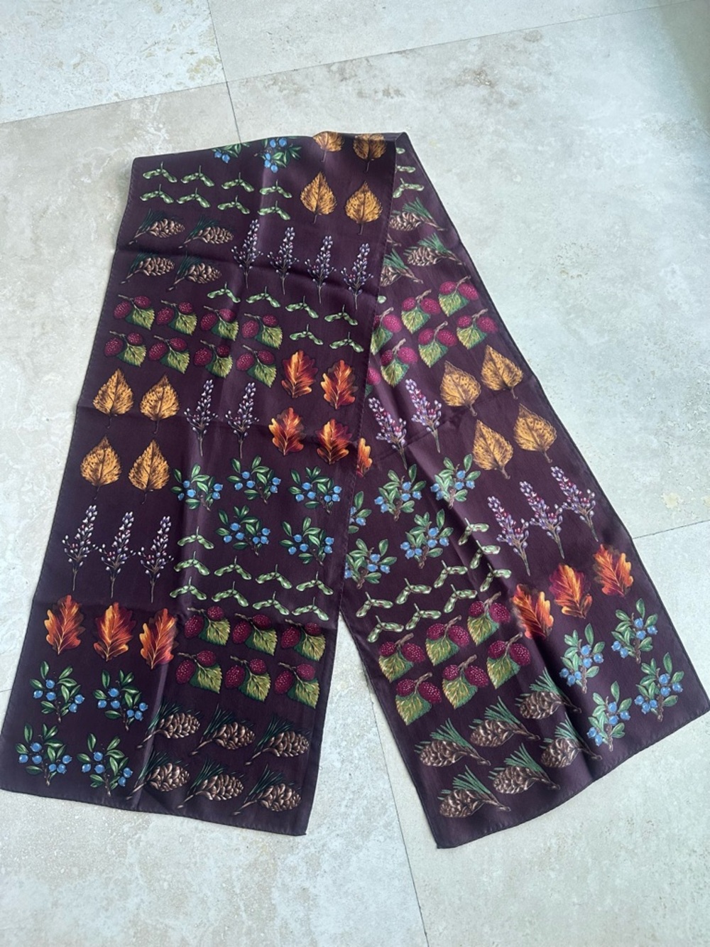 Vintage 100% Silk Scarf - Deep Plum Background with Multicolor Leaves